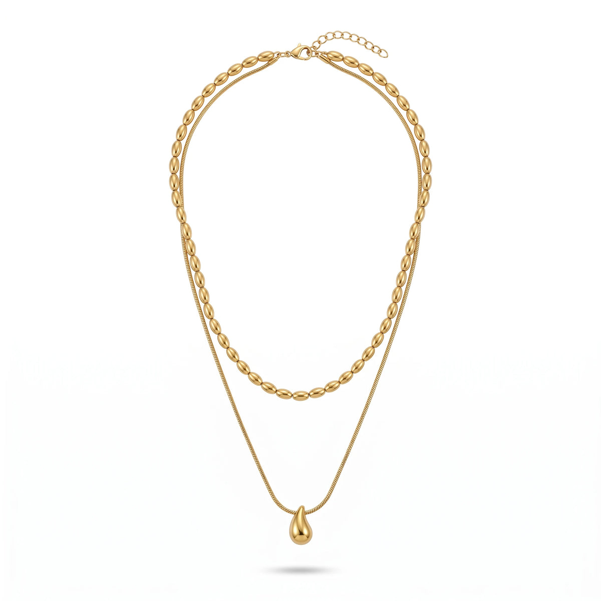 QIAOREN 11075 Stainless Steel Double Layer Necklace Rice Bead Snake Chain Teardrop Pendant Adjustable Gold Women Jewelry Gift