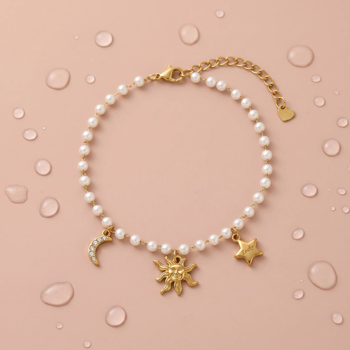 QIAOREN 13312 Celestial Charm Pearl Anklet Stainless Steel Carved Sun Crystal Moon Lucky Star Pendant Lobster Clasp