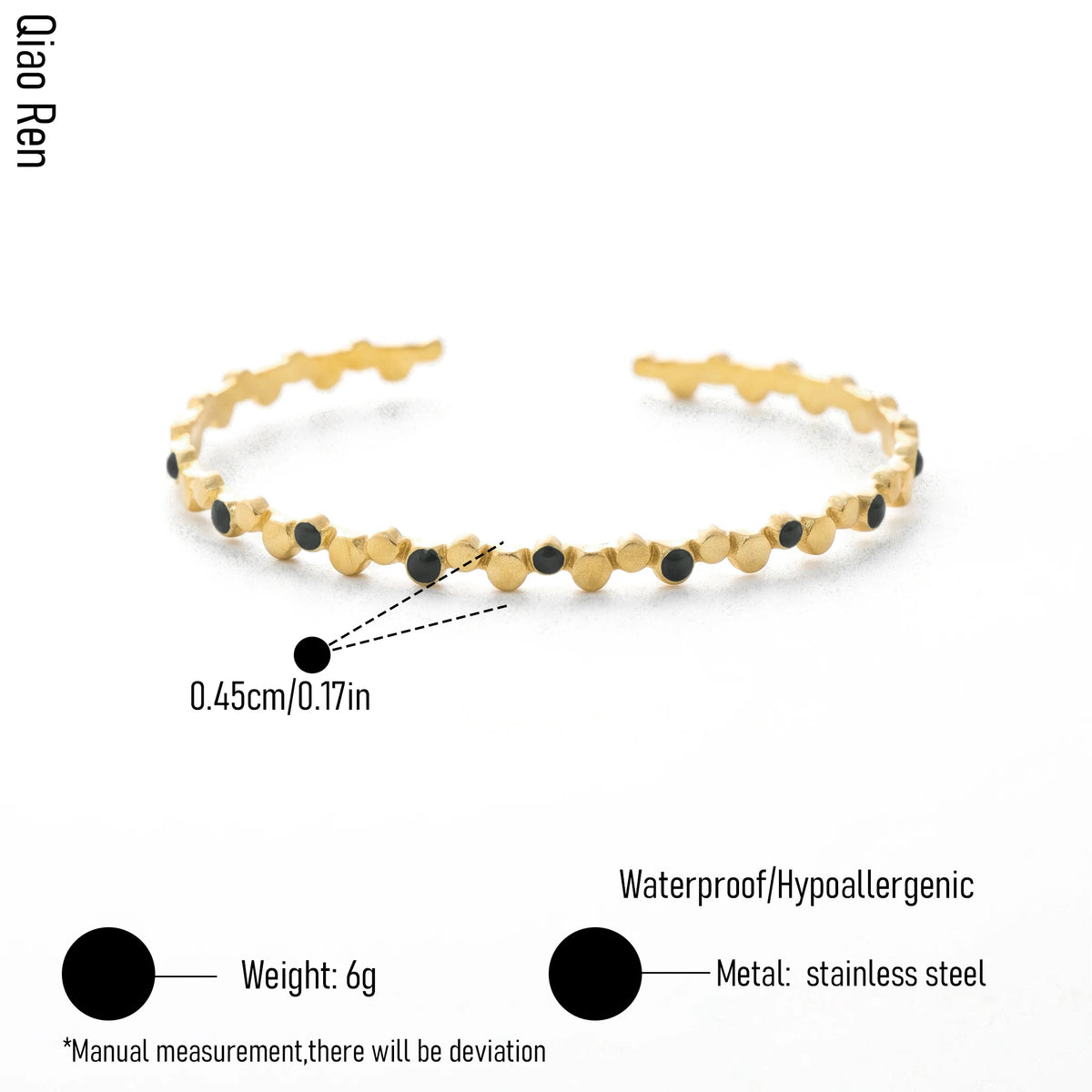 QIAOREN 14121-22 Stainless Steel Beaded Open Cuff Bracelet Gold Waterproof Minimalist Jewelry OEM ODM