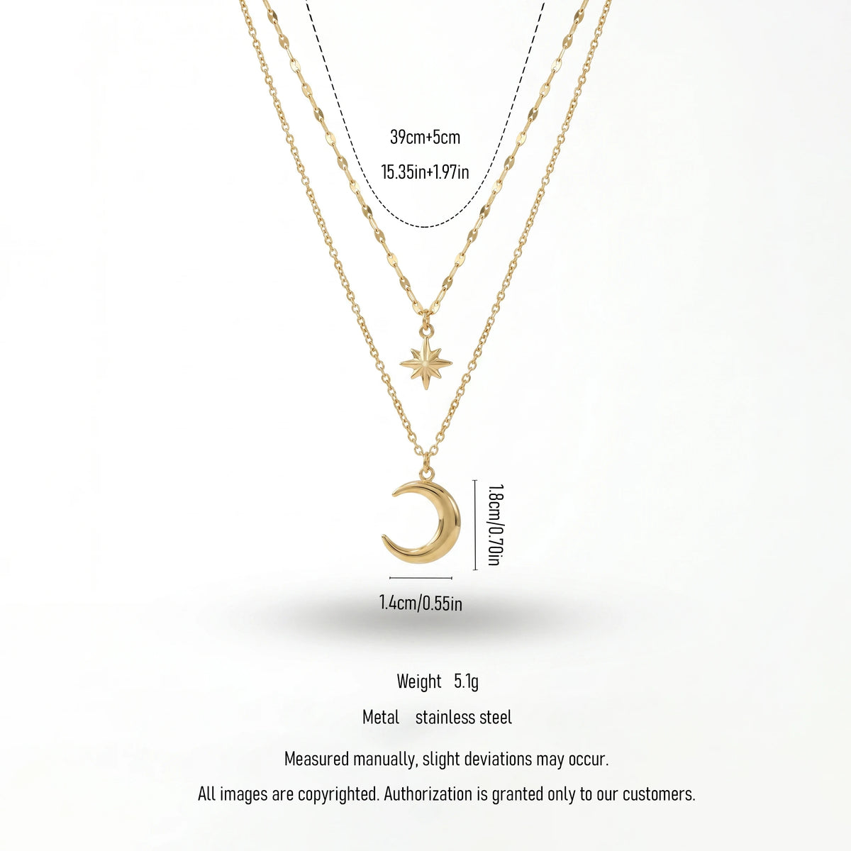 QIAOREN 11408 Tarnish Resistant Waterproof 18K Gold Plated Stainless Steel 2 Tier Star Moon Pendant Necklace