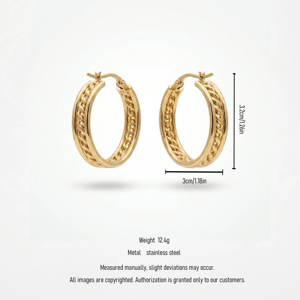 QIAOREN 12385 Chunky Cuban Link Chain Hoop Earrings Gold Stainless Steel Textured Curb Chain Inset Hoops Women US Europe