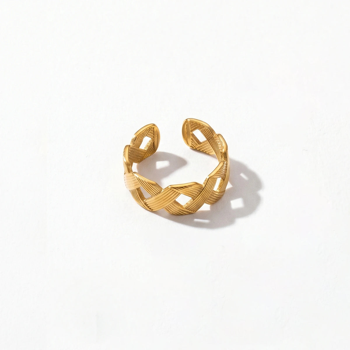QIAOREN 10706 18K Gold Stainless Steel Adjustable Open Rings Braided Hammer Engraved Stackable Jewelry for Women