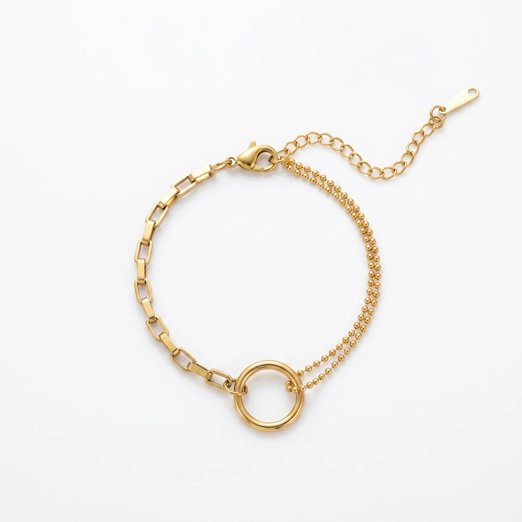 QIAOREN 13364 Gold Plated Stainless Steel Paperclip Chain Circle Link Bracelet Dainty Minimalist Bracelet for Women