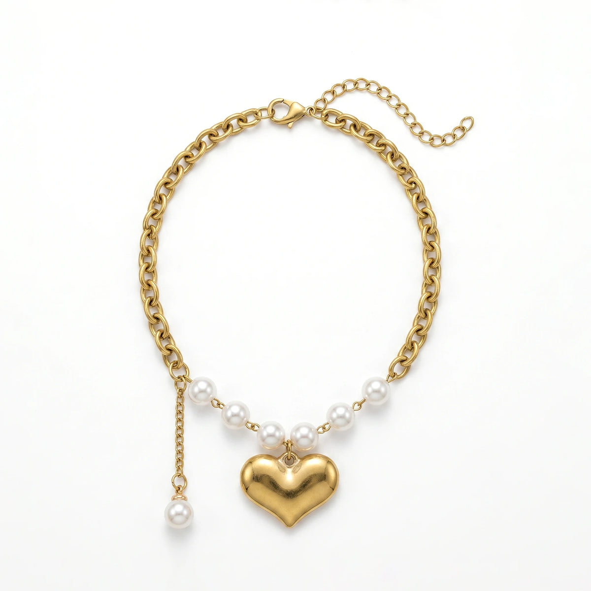 QIAOREN 11728 Trendy Lovers Minimalist Thick Curb Chain Heart Pearl Bracelet Gold Stainless Steel Adjustable Jewelry for Women