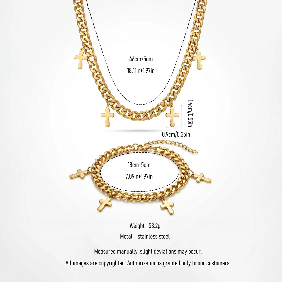 QIAOREN 11892 Wholesale Stainless Steel Cuban Chain Set Multi Cross Charms Adjustable Gold Necklace Bracelet Jewelry