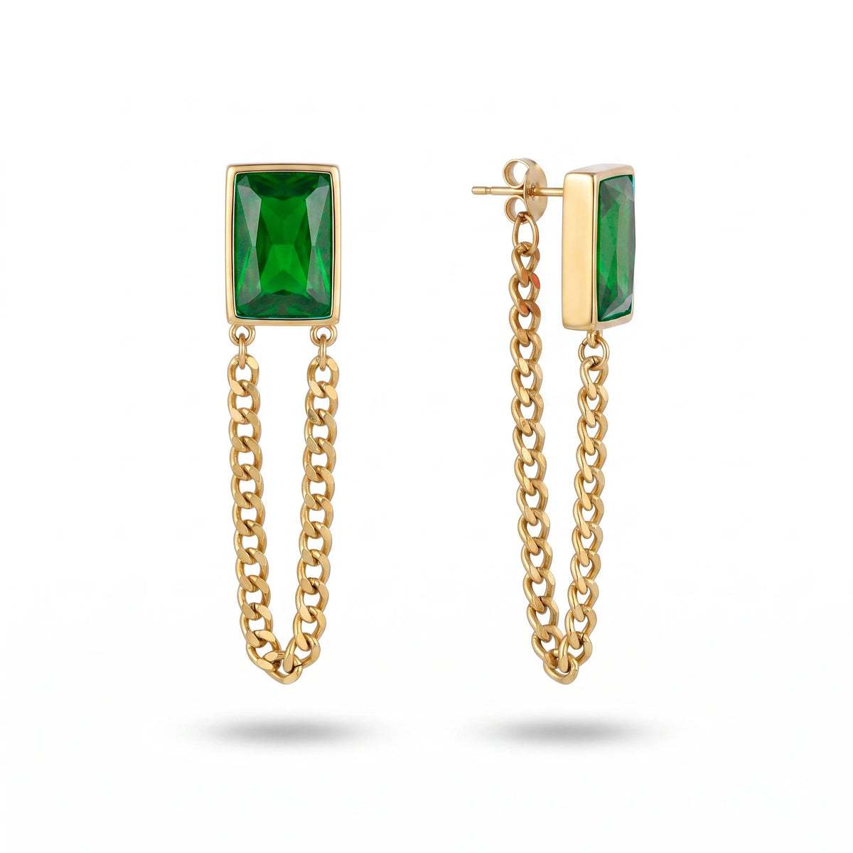 QIAOREN 13447-54 Gold Tone Rectangle Multiple Colors Crystal Double Chain Drop Stud Earrings Retro Punk Tassel Dangle Earring