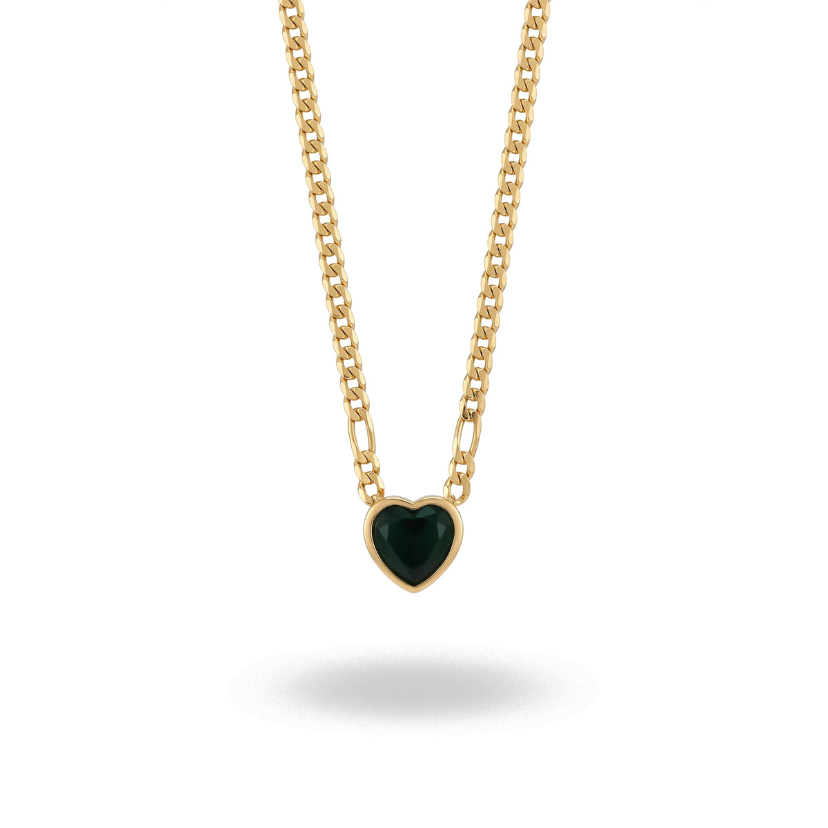 QIAOREN 13719-20 Curb Cuban Chain Heart Cut Clear Zircon Pendant Necklace, Bezel Set Heart Gem Polished Gloss Gold Necklace