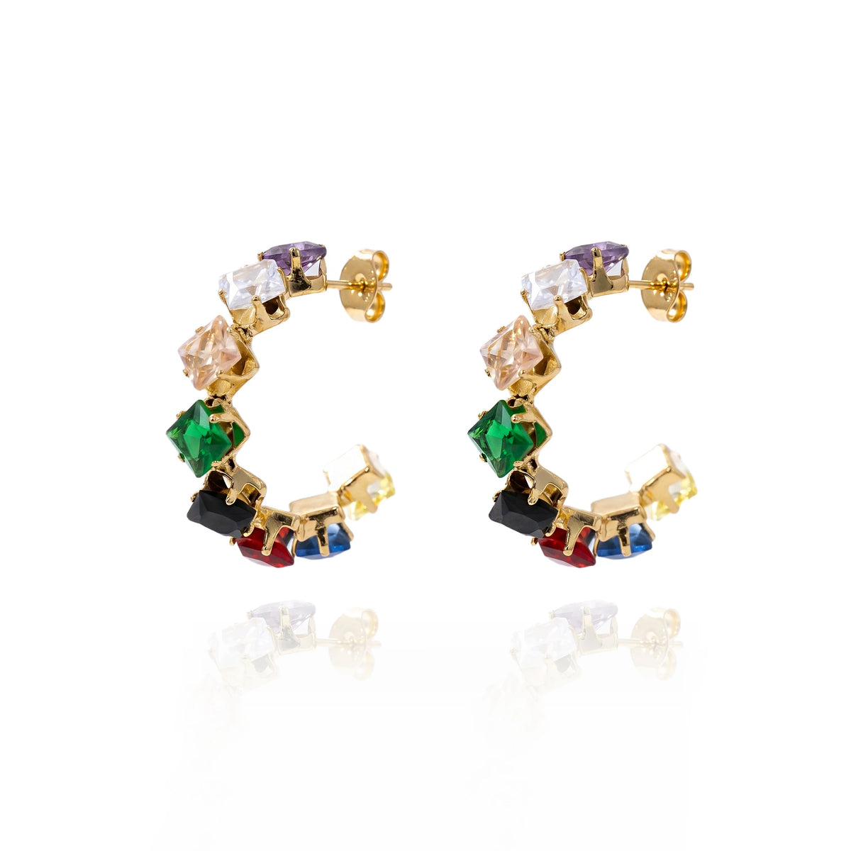 QIAOREN 12208-16  Gold Plated Stainless Steel Rainbow Square CZ Huggie Hoop Earrings