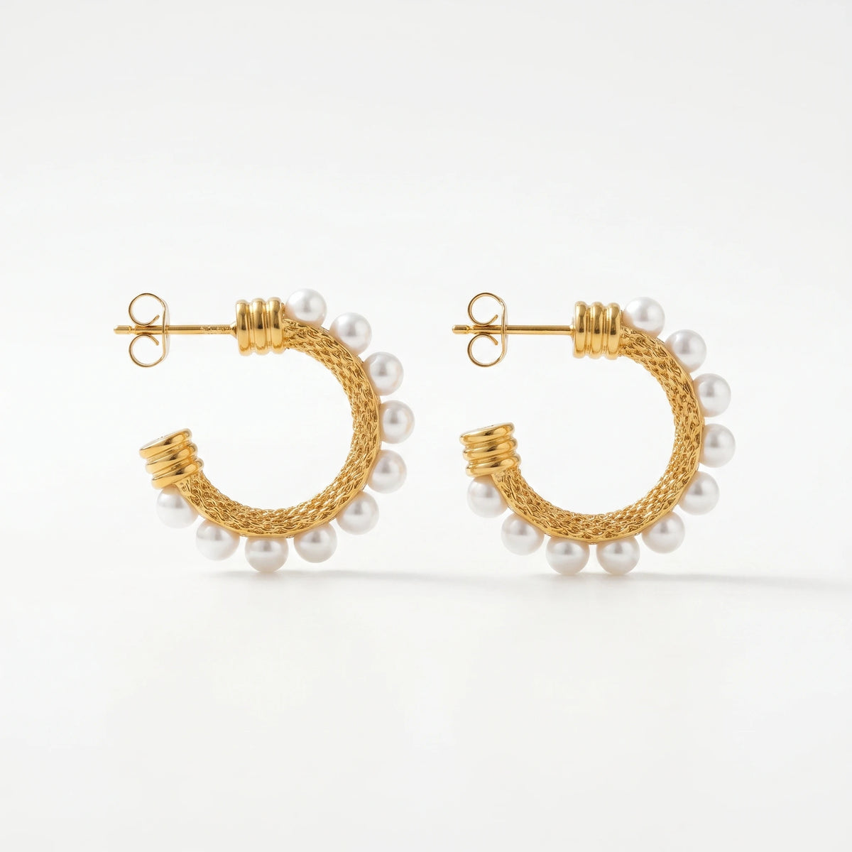 QIAOREN 12396 French Retro Woven Mesh Pearl C Hoop Earrings Gold Stainless Steel Knitted Cable Textured Open Hoops Women US EU