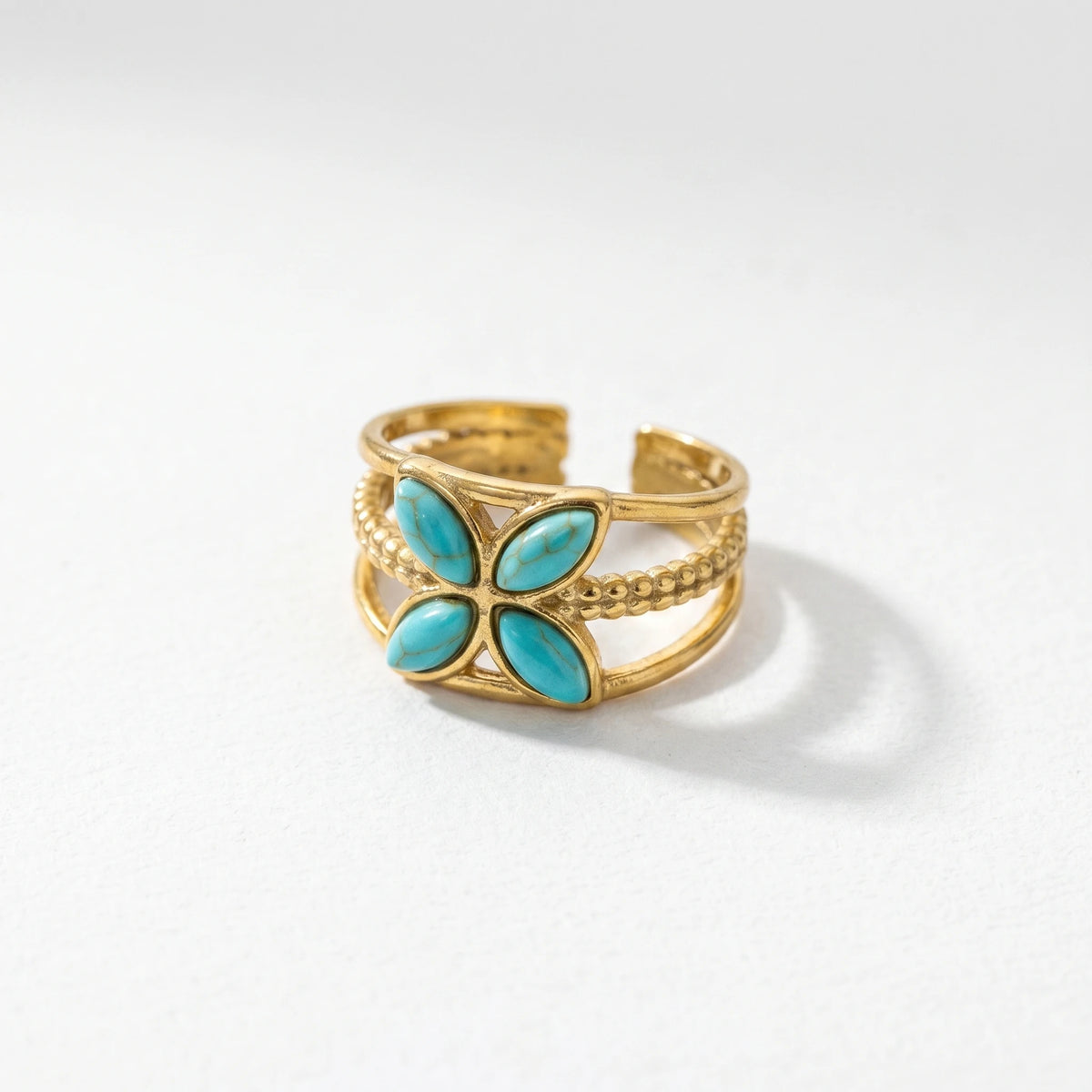 QIAOREN 13166-70 5Pcs Gold Stainless Steel Turquoise Open Ring Set Irregular Hammered Crown Adjustable Boho Stackable Rings