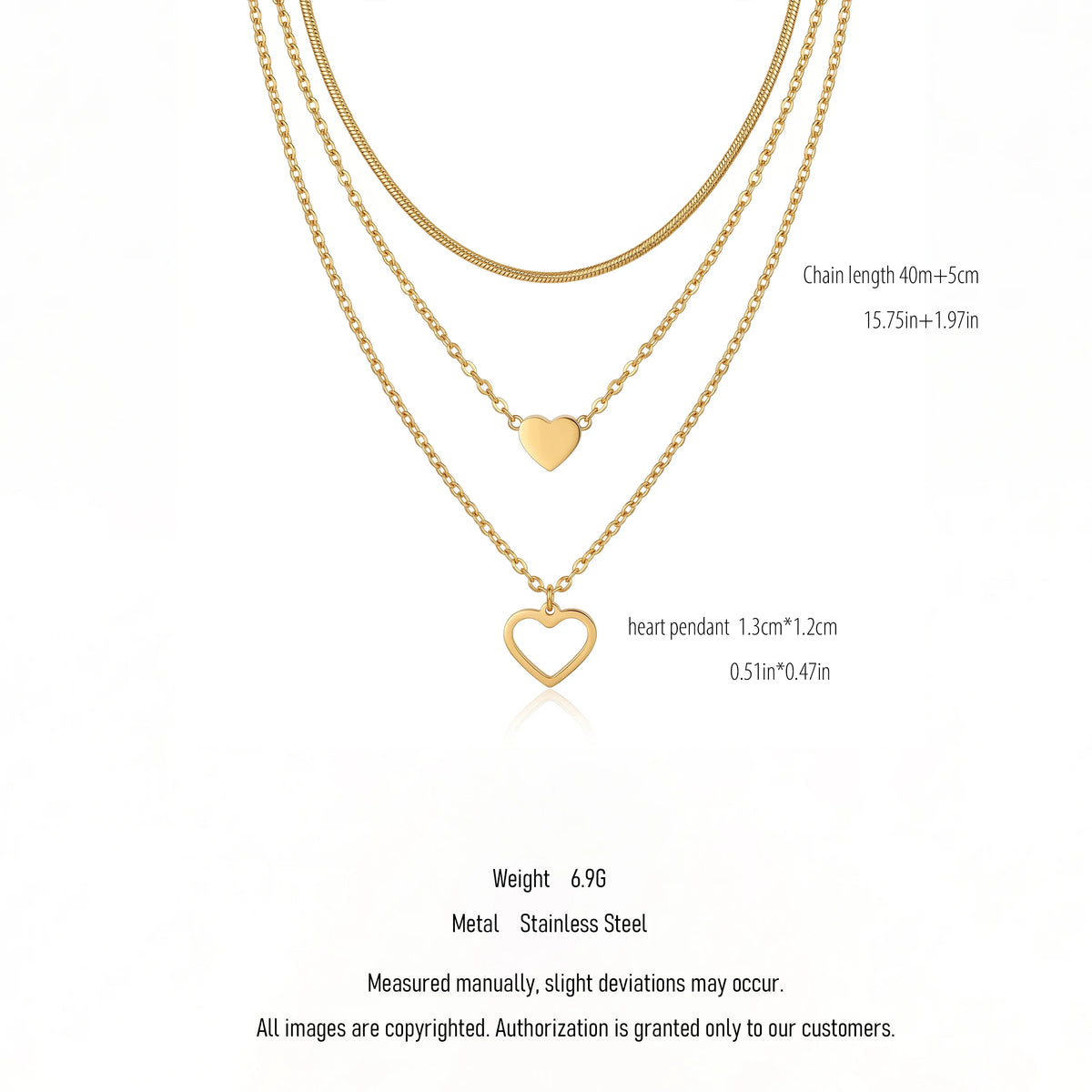 QIAOREN 10623 Trendy Layered Heart Necklace Stainless Steel Gold Plated Link Chain Party Jewelry for Women