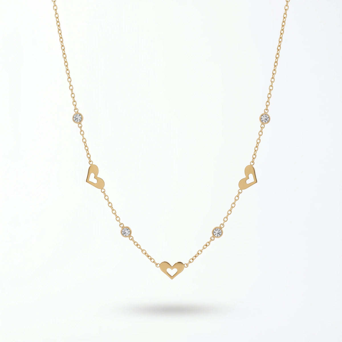 QIAOREN 13165 Gold Plated Open Heart Station Necklace Stainless Steel CZ Chain Necklace Dainty Layering Jewelry for Women