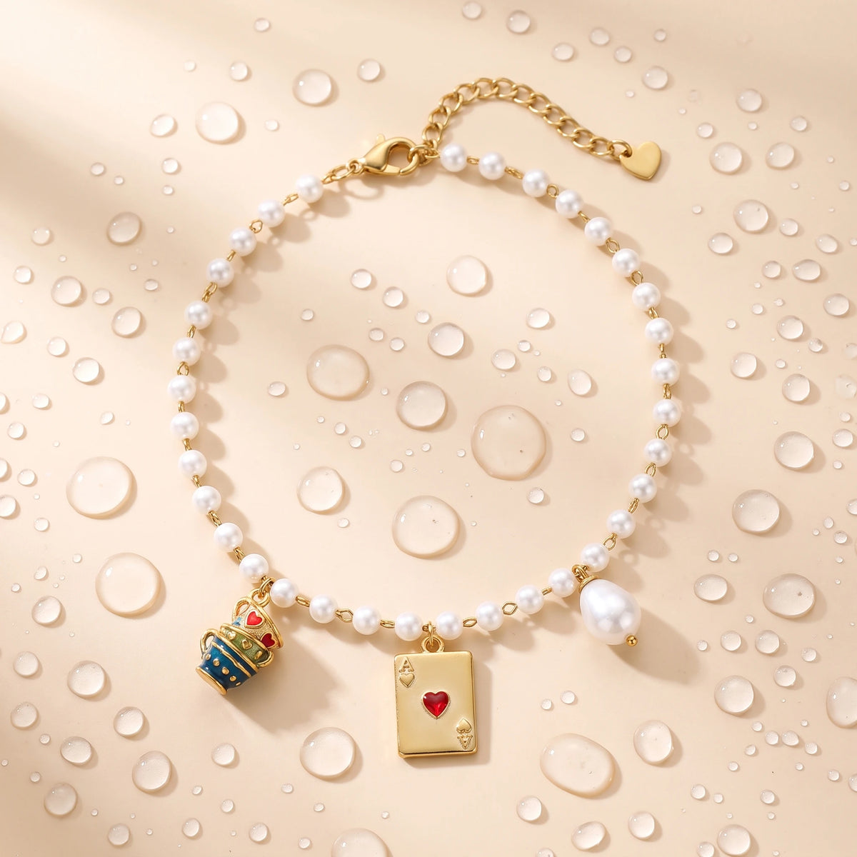 QIAOREN 13320 Sweet Pearl Anklet with Ace Heart, Crown & Pearl Charms, Lucky Card Foot Jewelry Gift for Casual Daily Looks