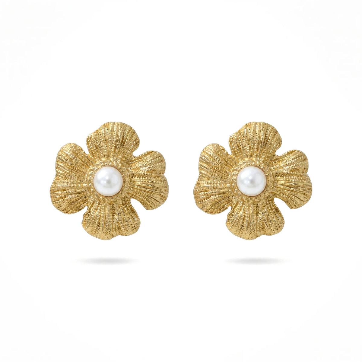 QIAOREN 12207  Gold Plated Stainless Steel Textured Five-Petal Flower Pearl Stud Earrings