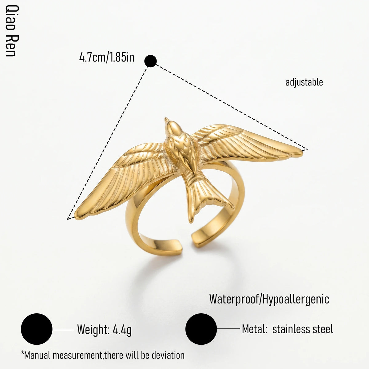 QIAOREN 14304-13 Women's Stainless Steel Vintage Bird -Face Bow Open Cuff Ring Set Adjustable Stackable 18K Gold Plated