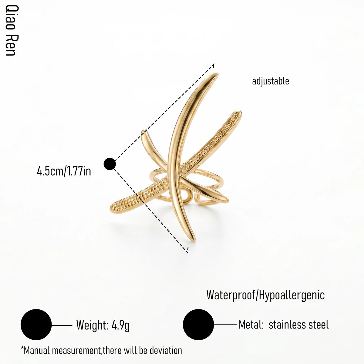 QIAOREN 14269-78 Vintage Textured Geometric Floral Open Cuff Ring Set, Adjustable Stackable Gold Tone Statement Rings