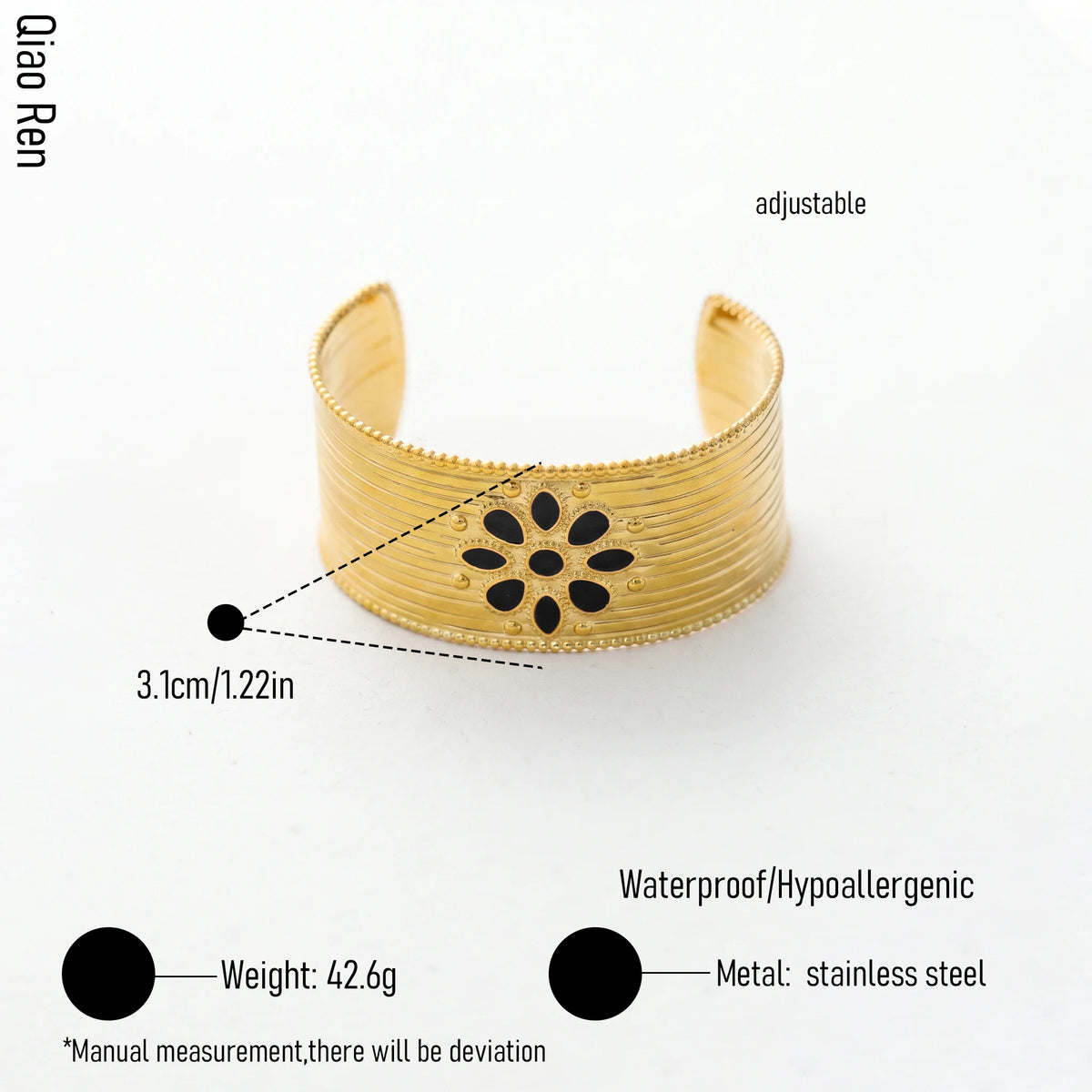 QIAOREN 14102-23 Stainless Steel Floral Wide Cuff Bracelet Adjustable Waterproof Hypoallergenic Jewelry OEM ODM