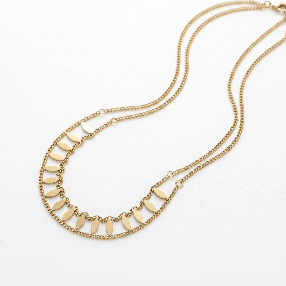 QIAOREN 13935 Double Layer Curb Chain Necklace with Marquise Leaf Shape Dangling Slice Charms, Polished Gold Stackable Leaf