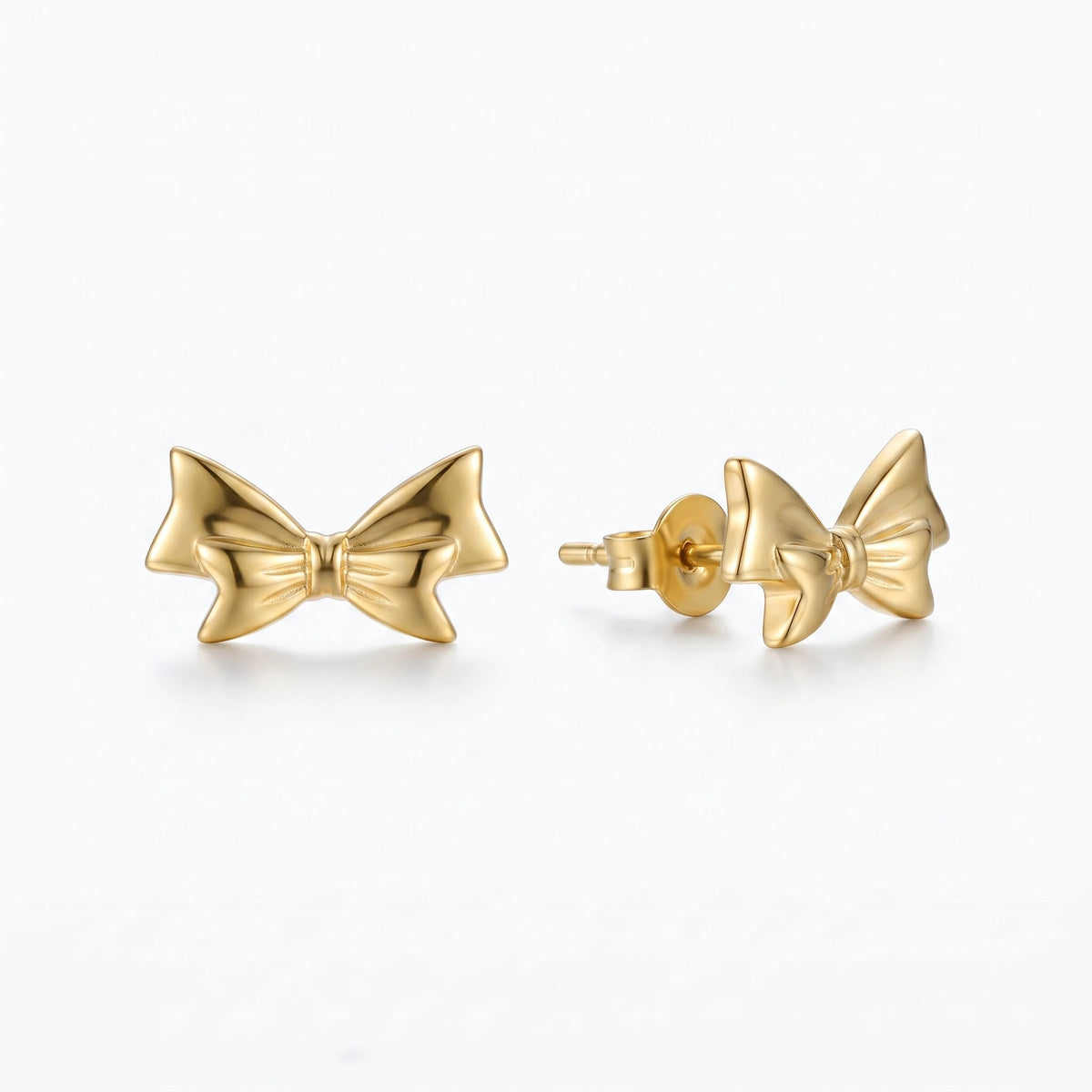 QIAOREN 14037 Polished Gold 3D Bow Knot Stud Earrings, Classic Smooth Ribbon Bow Ear Stud Jewelry Gift for Women