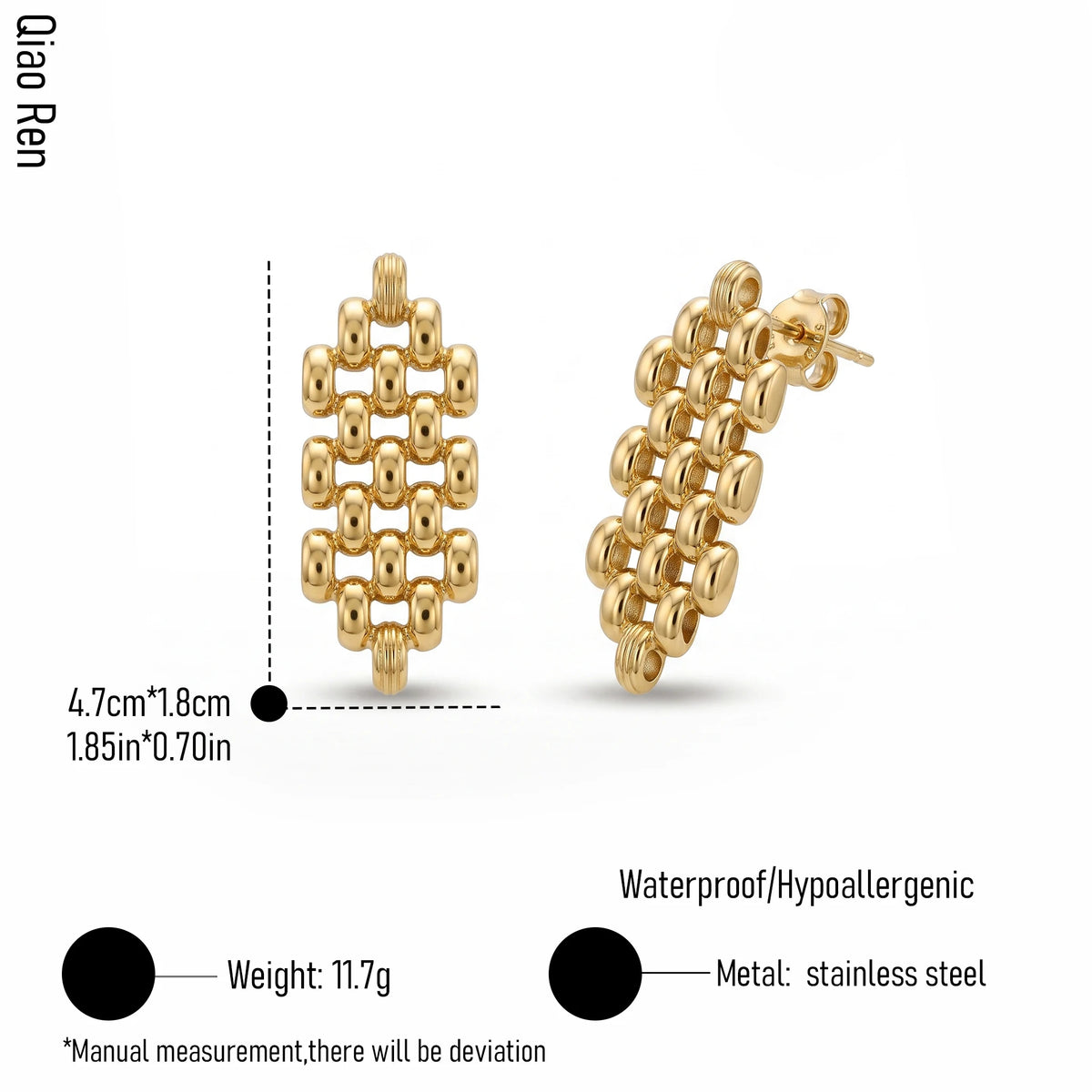 QIAOREN 14053 Polished Gold Rhombus Grid Beaded Stud Earrings, Oval Link Mesh Rectangle Frame Ear Stud Jewelry Gift