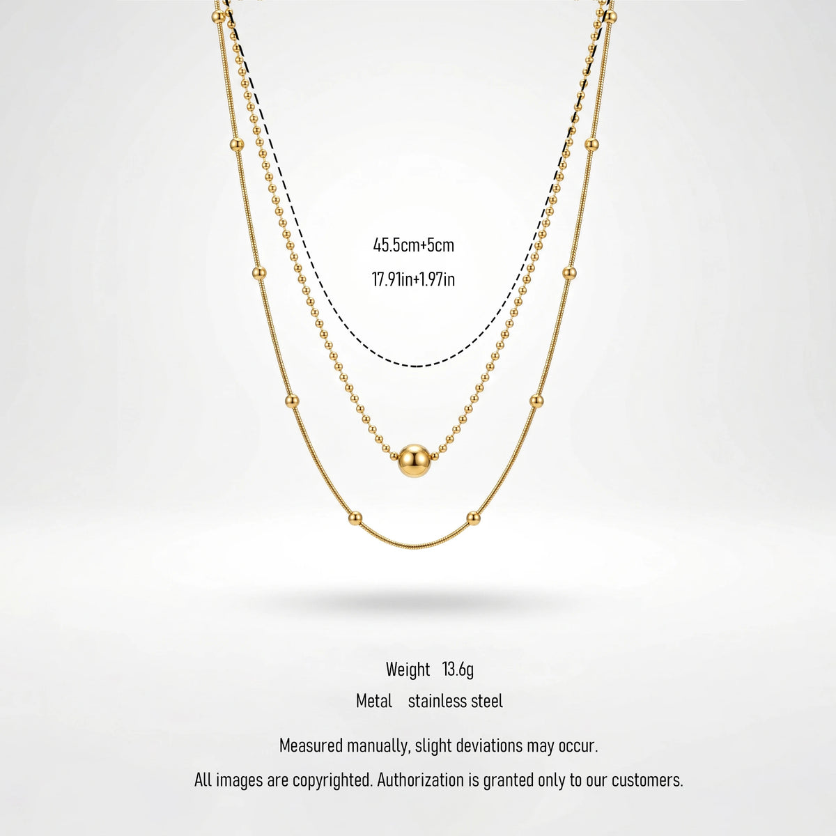 QIAOREN 11899 Minimalist Double Layer Beaded Snake Chain Necklace 18K Gold Stainless Steel Ball Pendant Daily Layering Jewelry