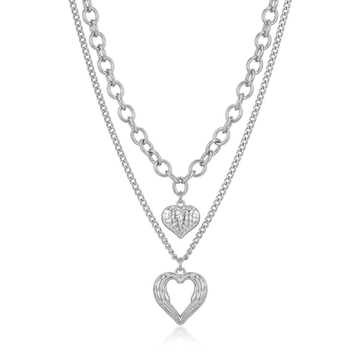 QIAOREN 11505 Stainless Steel Double Layer Heart Necklace Wing Hollow Heart Pendant Adjustable Gold Stack Jewelry for Women