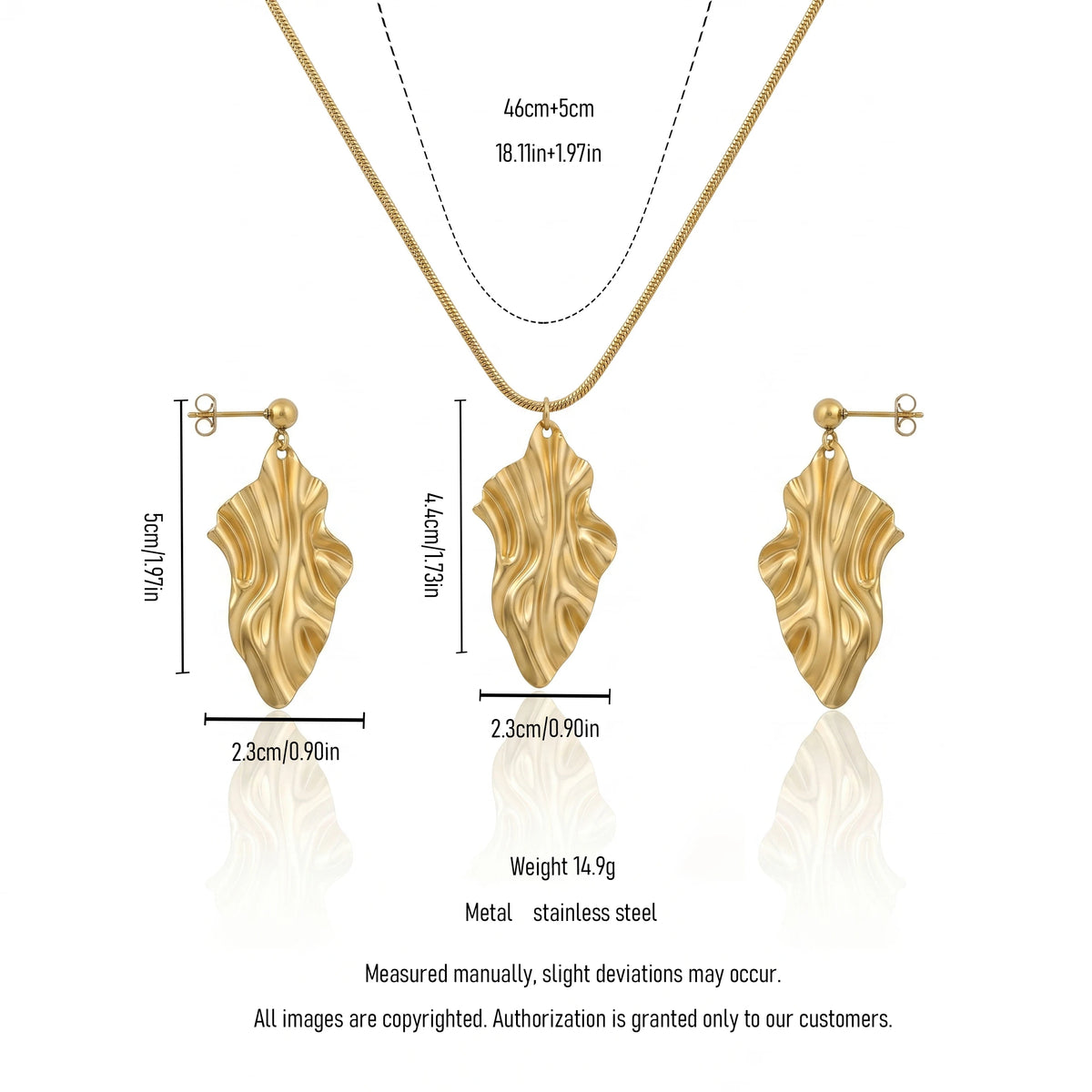 18K Gold Plated Irregular Textured Leaf Necklace Set, Waterproof Tarnish Free Stainless Steel Abstract Jewelry