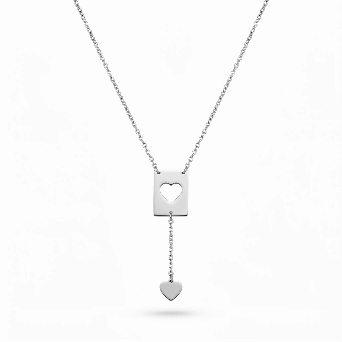 QIAOREN 11839 18K Gold Plated Stainless Steel Anti-Tarnish Hypoallergenic Hollow Heart Rectangle Lariat Y-Necklace Heart Pendant