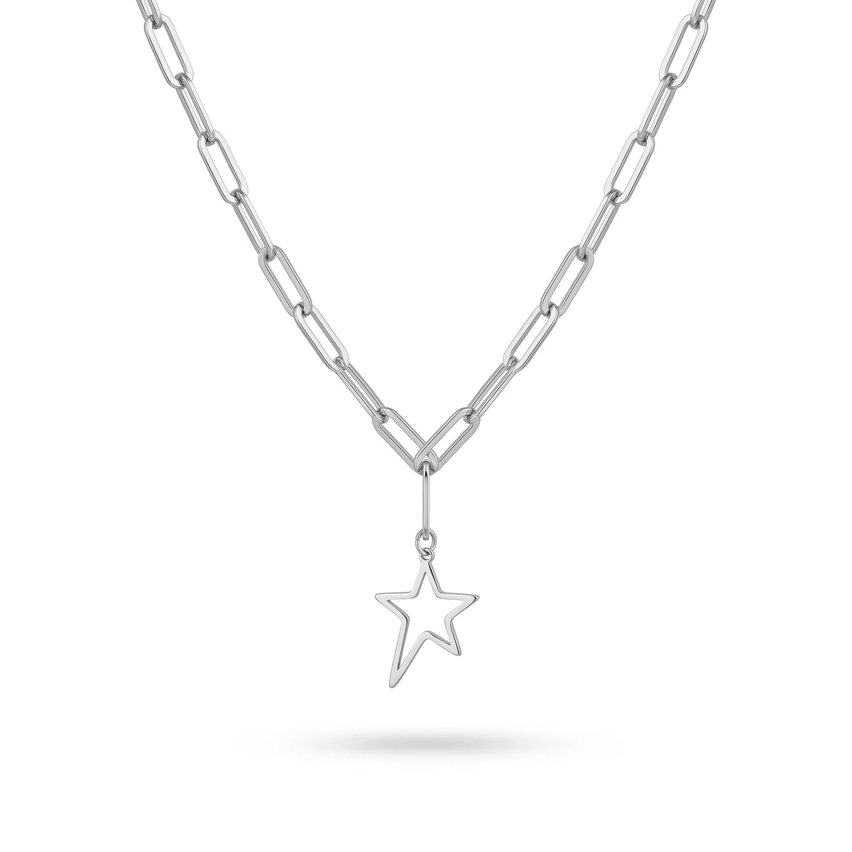 QIAOREN  11959 Gold Plated Stainless Steel Paperclip Chain Necklace Hollow Open Star Drop Pendant Dainty Daily Jewelry Gift