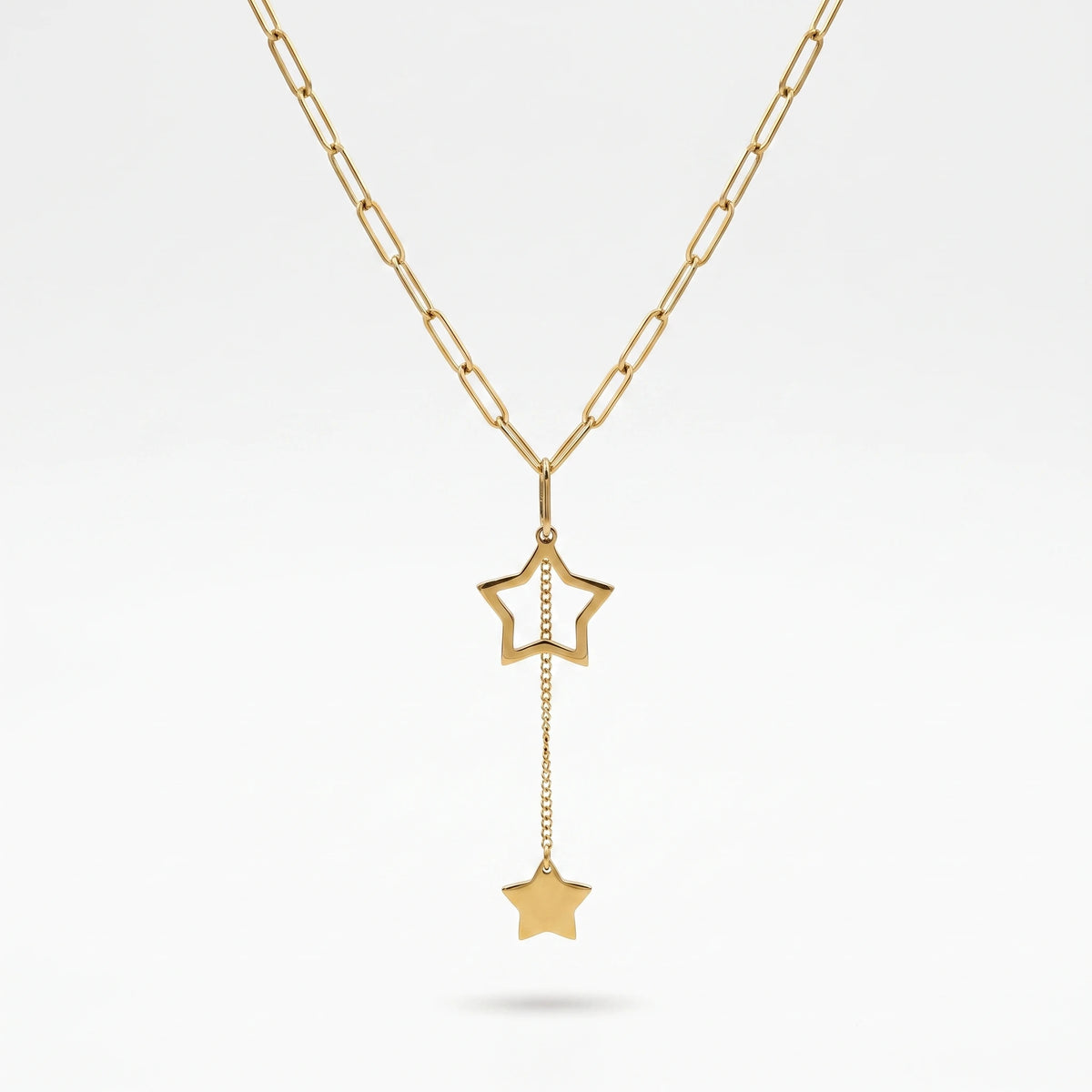 QIAOREN 13930 Paperclip Link Chain Lariat Y Drop Necklace with Hollow Open Star & Solid Flat Star Pendant