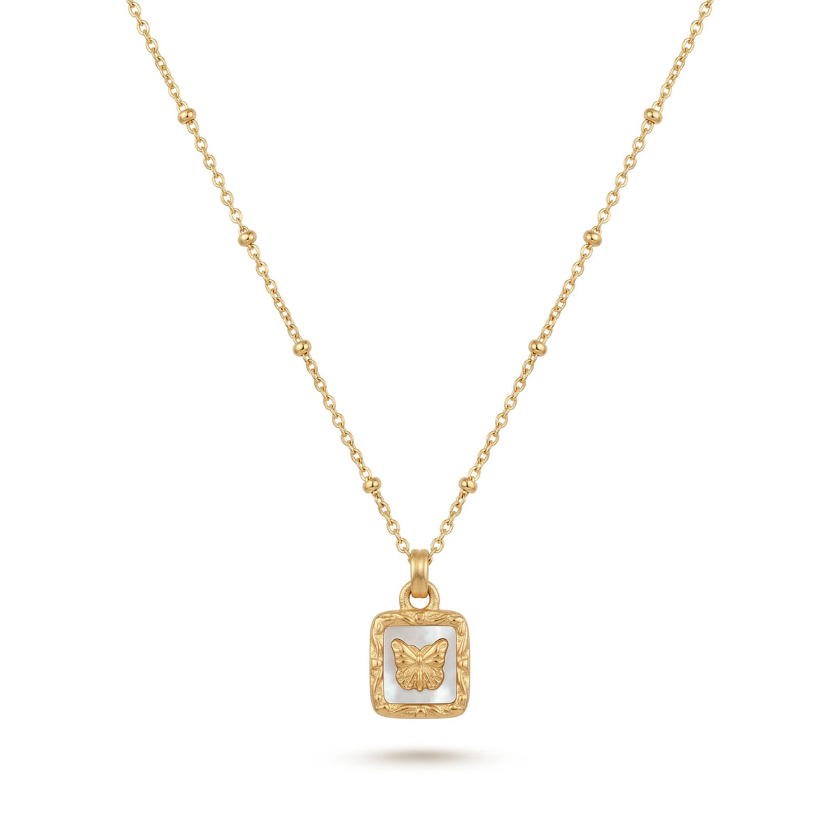 QIAOREN 13478 Vintage Square White Shell Butterfly Pendant Necklace with Beaded Ball Chain, Dainty Gold Neck Jewelry Gift