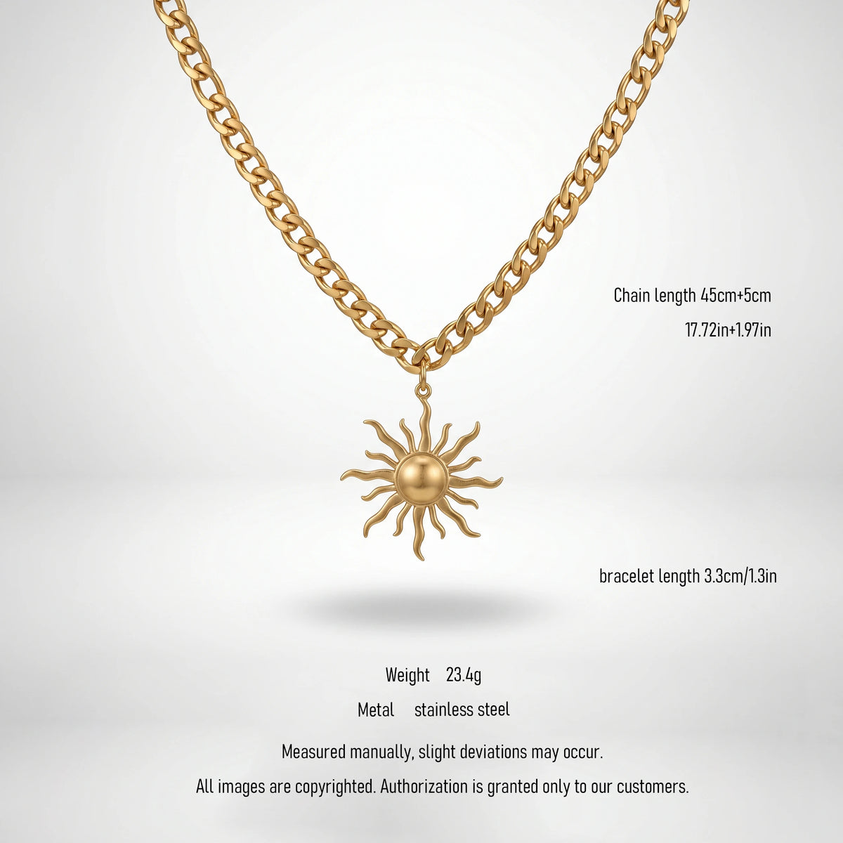 QIAOREN 10857 Waterproof Stainless Steel Trendy Sun Charm Necklace Gold Plated Link Chain Party Statement Jewelry