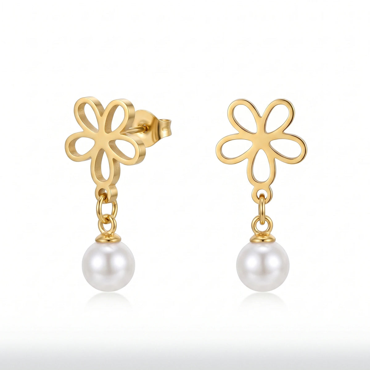 QIAOREN 10833 18K Gold Plated Stainless Steel Flower Stud Earrings with Pearl Drop for Women