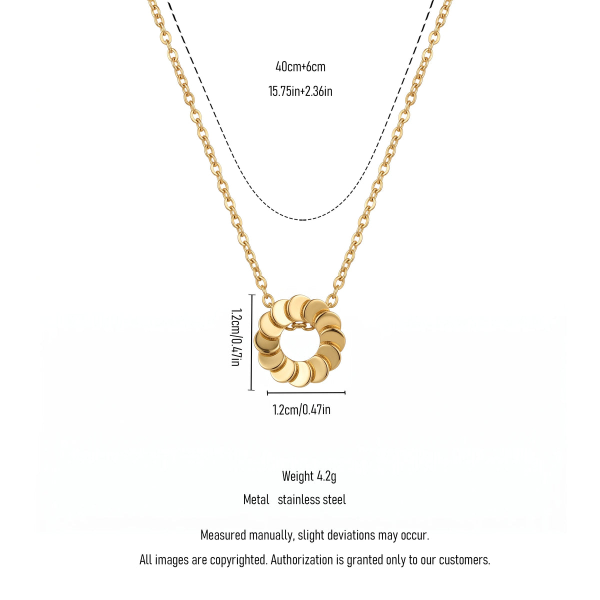 QIAOREN 13805 Thin Oval Link Chain Pendant Necklace with Stacked Disc Wreath Hollow Circle Charm