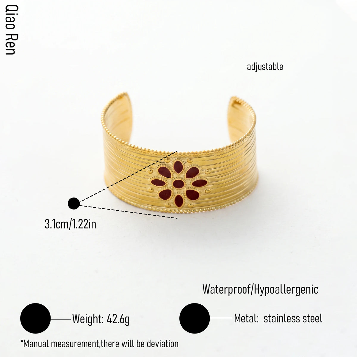 QIAOREN 14102-23 Stainless Steel Floral Wide Cuff Bracelet Adjustable Waterproof Hypoallergenic Jewelry OEM ODM