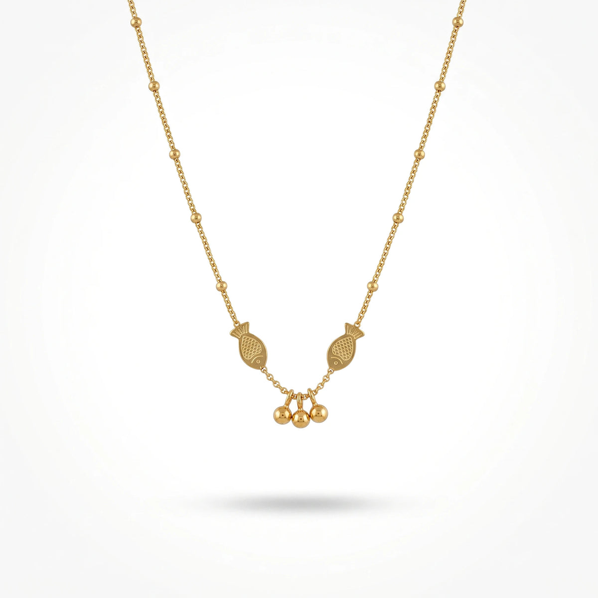 QIAOREN 13992 Beaded Cable Chain Pendant Necklace with Two Textured Fish Charms and Dangling Smooth Round Beads