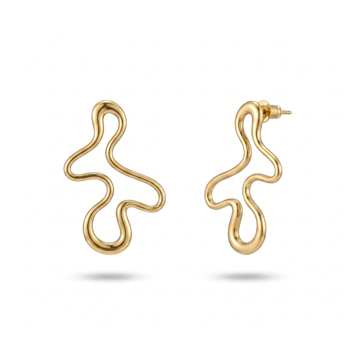 QIAOREN 14061 Polished Gold Abstract Wavy Open Stud Earrings, Irregular Fluid Squiggle Line Hollow Shape Ear Stud Jewelry Gift