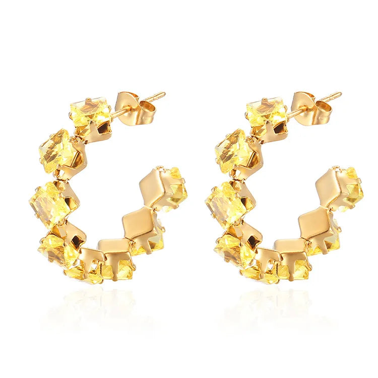 QIAOREN 12208-16  Gold Plated Stainless Steel Rainbow Square CZ Huggie Hoop Earrings