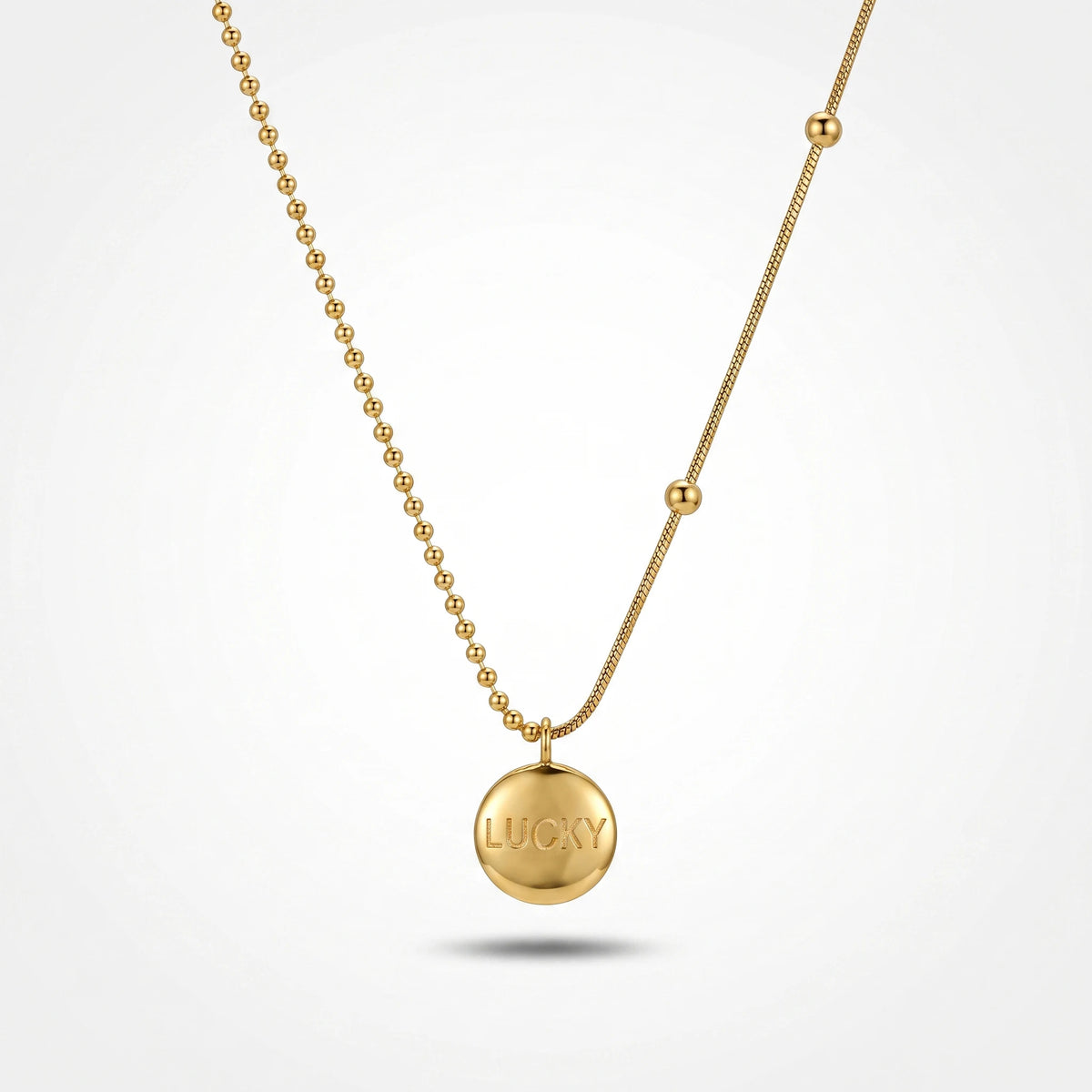 QIAOREN 13760 Asymmetric Dual Link Chain Pendant Necklace with Engraved LUCKY Round Disc Charm, Mixed Ball Bead & Snake Jewelry