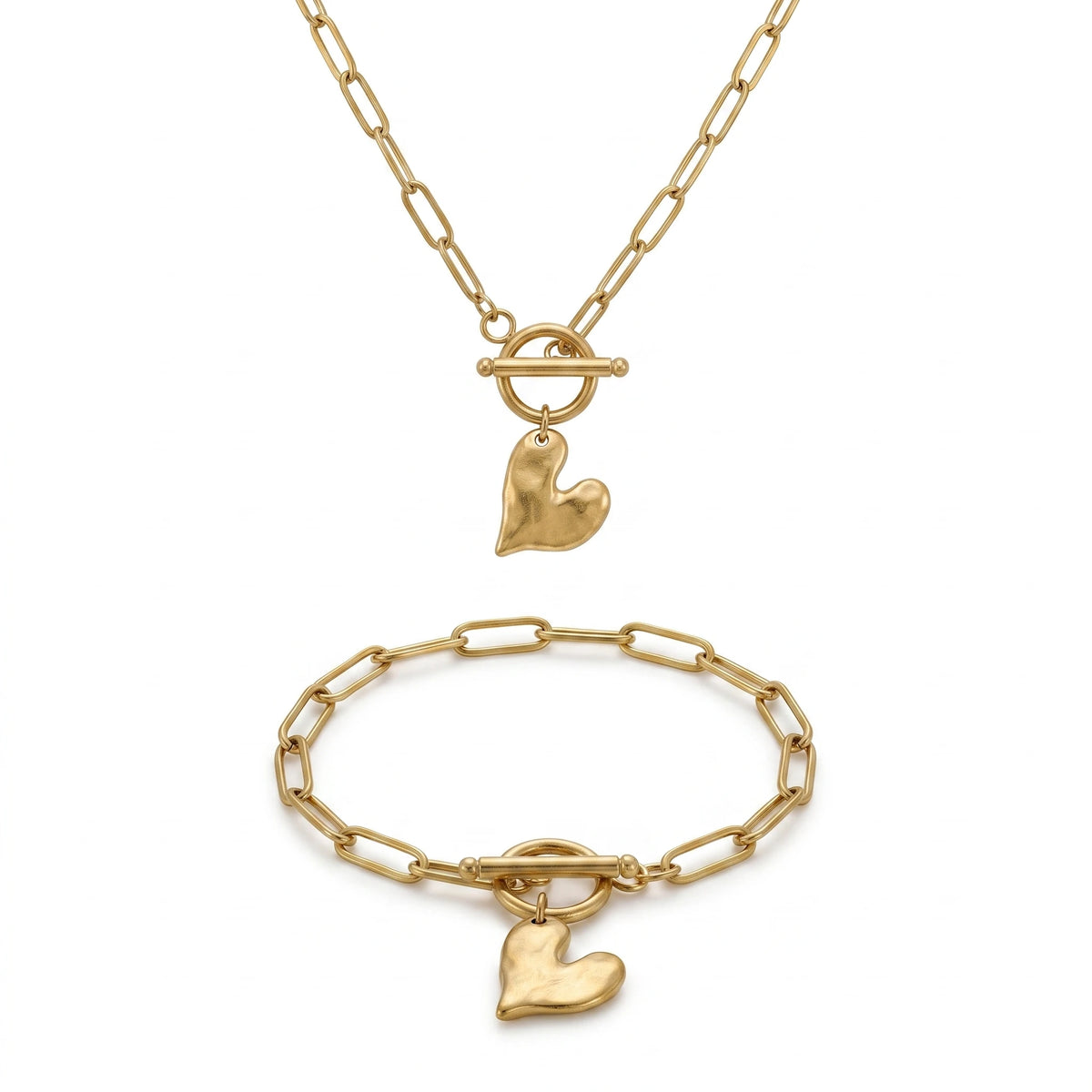 QIAOREN 11567 Stainless Steel 18K Gold Plated Heart Square Jewelry Set, Textured Grid Pattern Pendant Necklace Stud Earrings