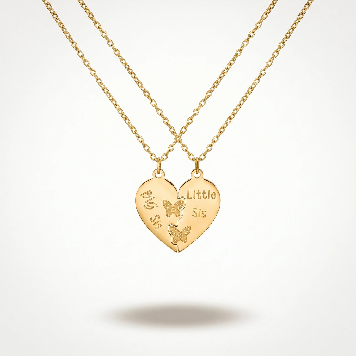 QIAOREN 1288618K Gold Big Sis Little Sis Split Heart Necklace for 2, Butterfly Stainless Steel Sister Jewelry, Tarnish Free Gift
