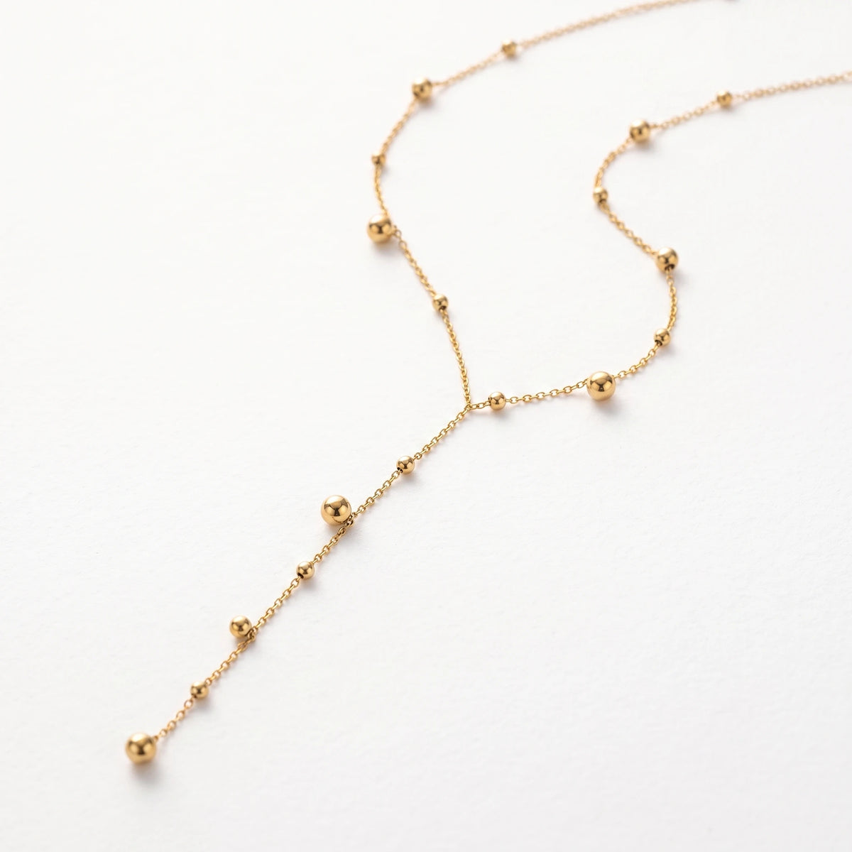 QIAOREN 13506 Minimalist Y Drop Beaded Ball Station Necklace, Multi Size Smooth Gold Spherical Charms Thin Cable Chain
