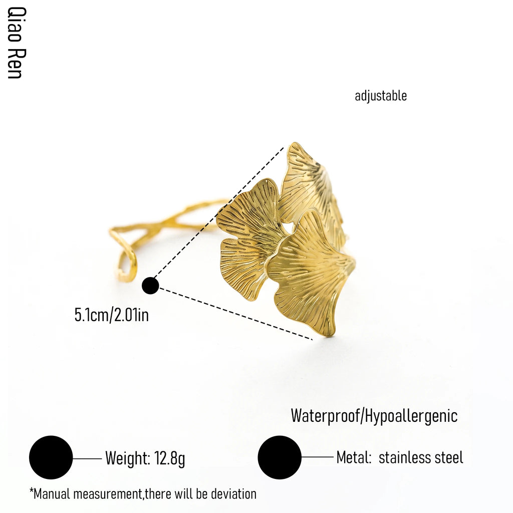 QIAOREN 14100 Stainless Steel Ginkgo Leaf Open Cuff Bracelet Adjustable Waterproof Hypoallergenic Jewelry OEM ODM