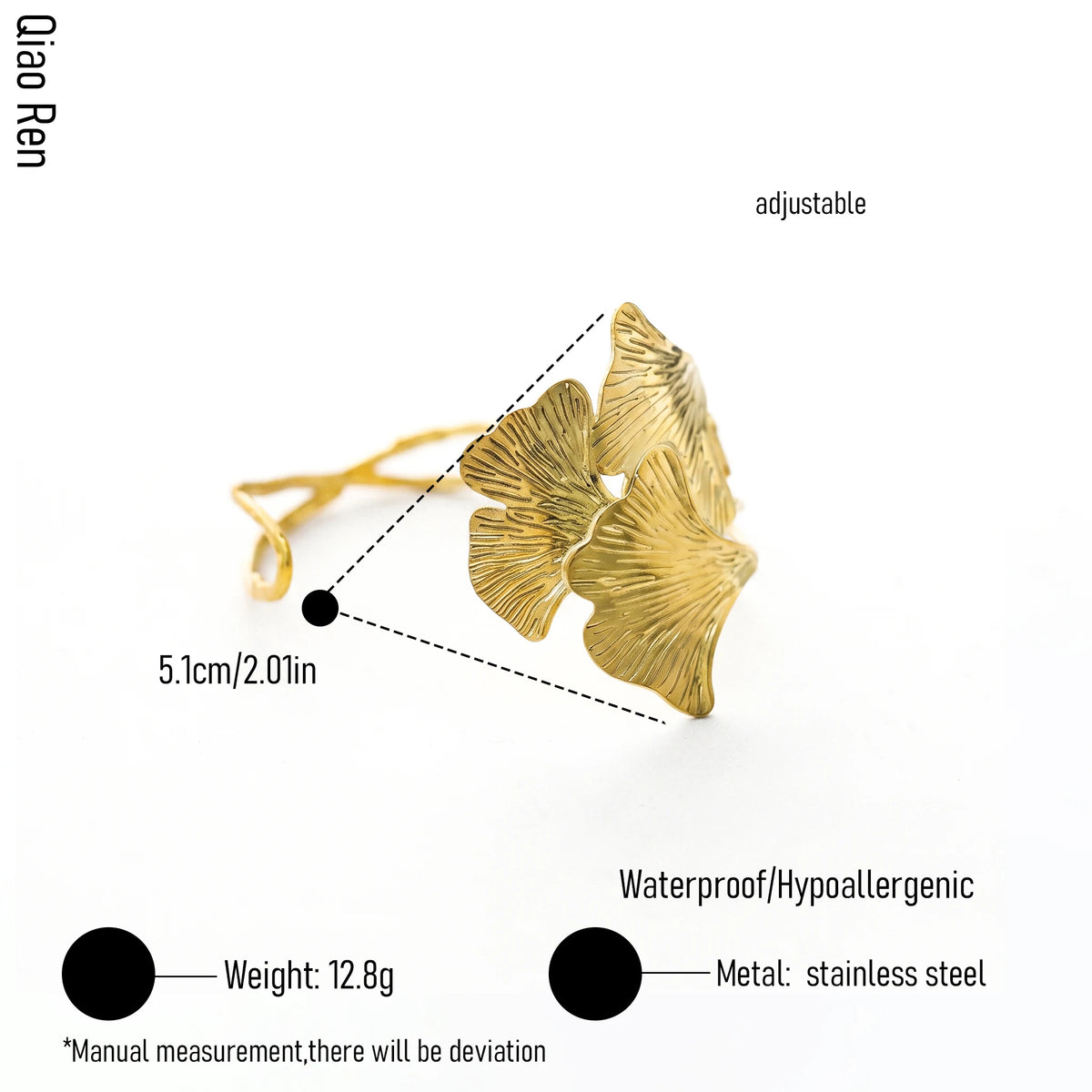 QIAOREN 14100 Stainless Steel Ginkgo Leaf Open Cuff Bracelet Adjustable Waterproof Hypoallergenic Jewelry OEM ODM