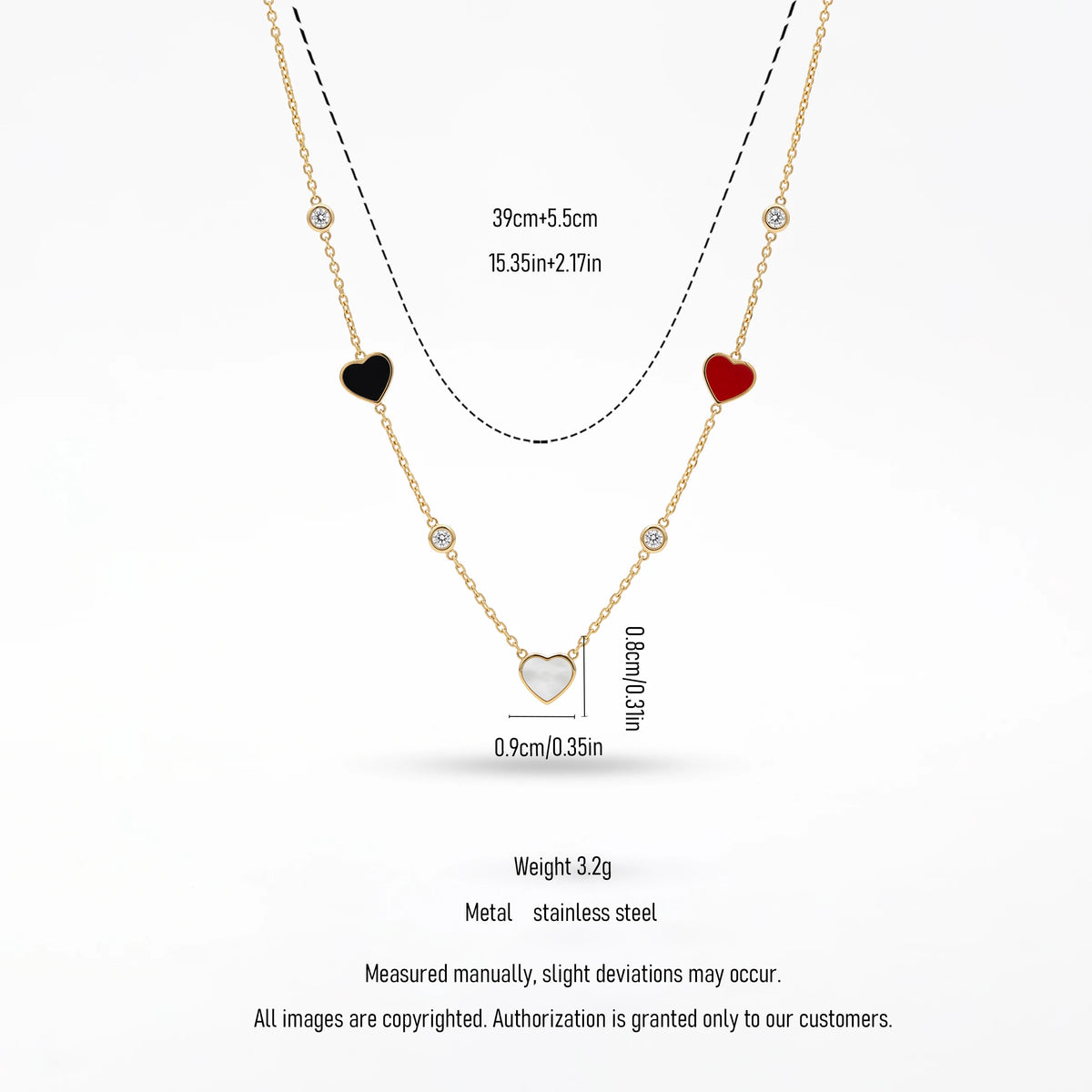 QIAOREN 13498 Three Color Enamel Heart Station Necklace with Tiny Round Crystal Charms, Dainty Thin Cable Chain Necklace