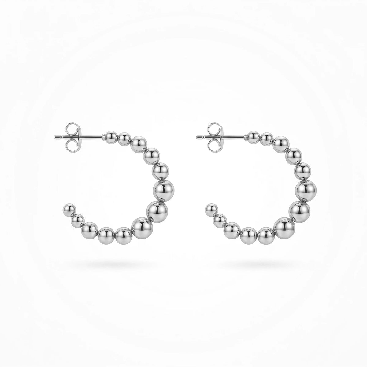 QIAOREN 12416 Elegant Quiet Luxury Spherical Hoop Earrings Gold Stainless Steel Sleek Graduated Beads C-Shaped Statement Studs