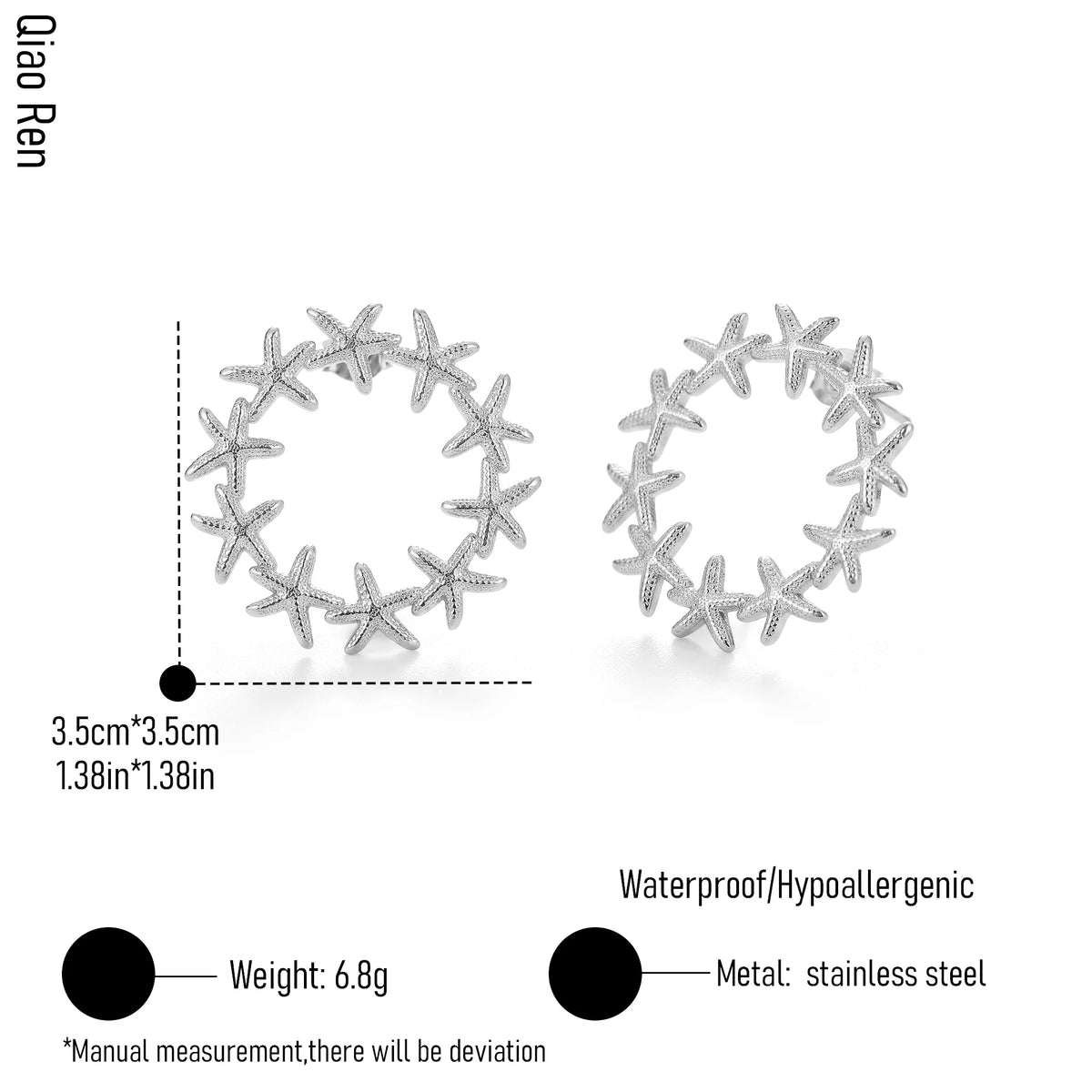 QIAOREN 14063 Starfish Wreath Circle Stud Earrings, Hollow Round Starfish Ring Ear Stud Jewelry Gift for Daily Fashion Outfits