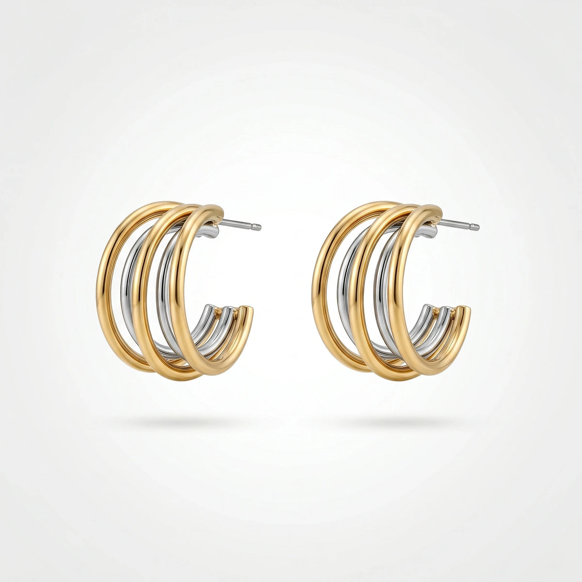 QIAOREN 12760 Waterproof Bi-Color Multi Strand Open C Earrings Stainless Steel Mixed Metal Layered Hoop Daily Ladies Accessory