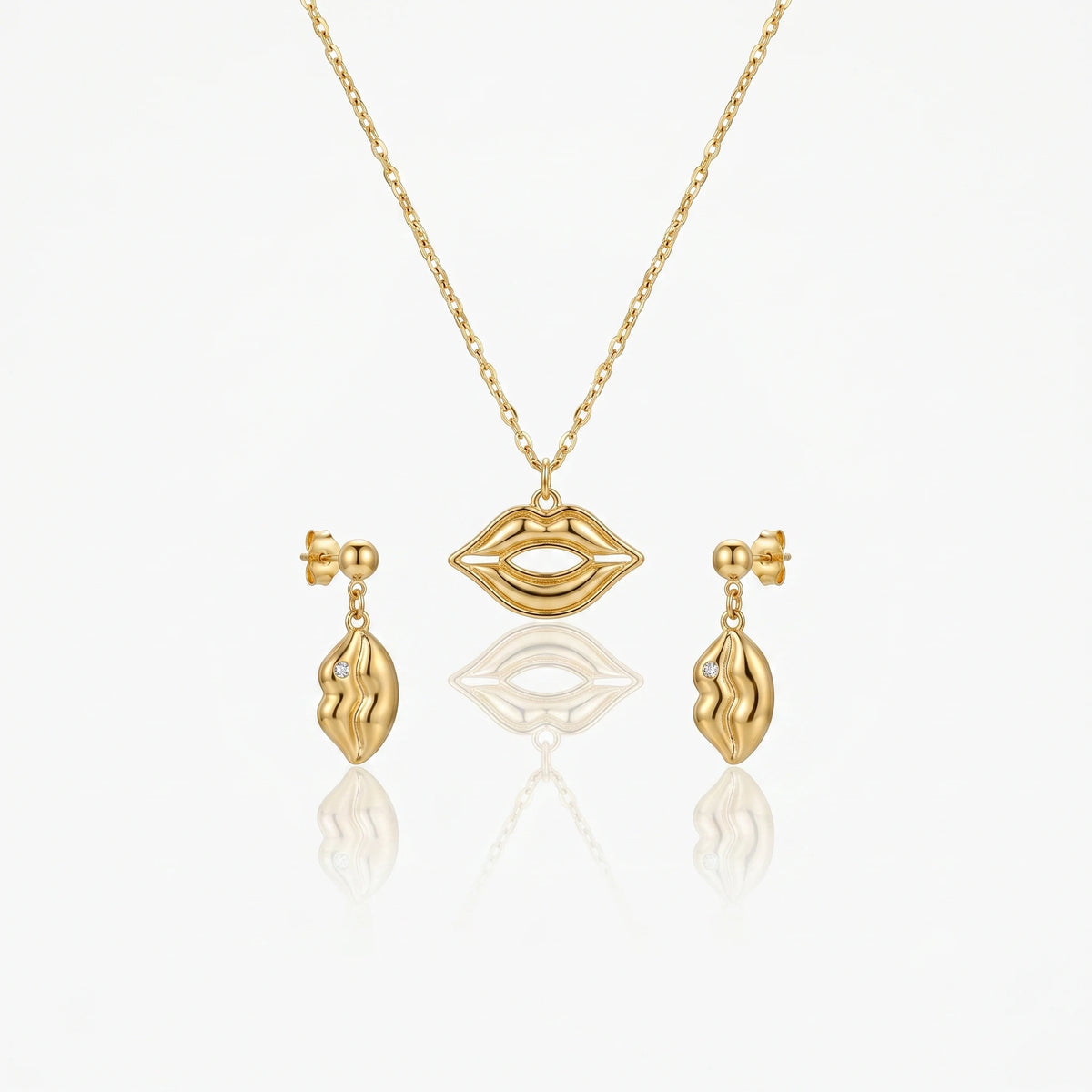 QIAOREN 11895 18K Gold Plated Stainless Steel Lips Jewelry Set Inlaid Tiny Zircon Pout Lips Necklace Dangle Earrings