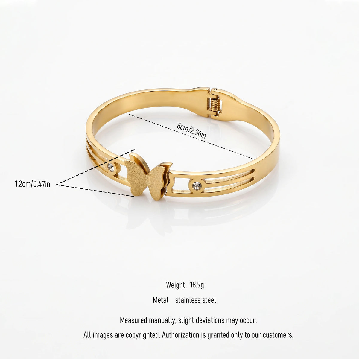 QIAOREN 13651 Hollow Triple Bar Spring Cuff Bangle with Matte Butterfly & Tiny Round Zircon Dual Charms, Open Gold Bangle
